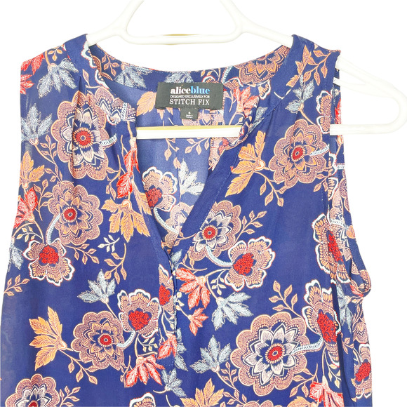 Alice Blue Stitch Fix Simona Henley Blouse Sleeveless Blue Floral Top Size Small - Picture 4 of 6